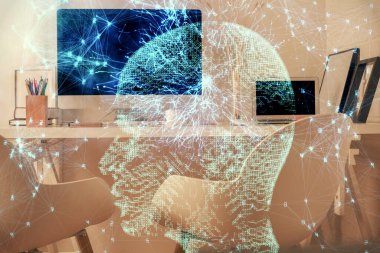 Beyin çizimine ve ofis içi arka planına çifte maruz kalma. Veri teknolojisi kavramı.