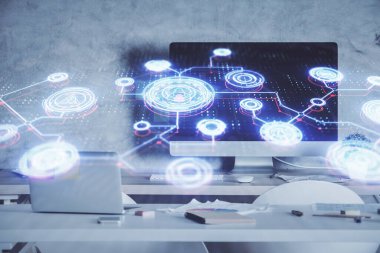 Sosyal ağ temalı çizim ve ofis içi arka planına çift pozlama. Ağ kavramı.