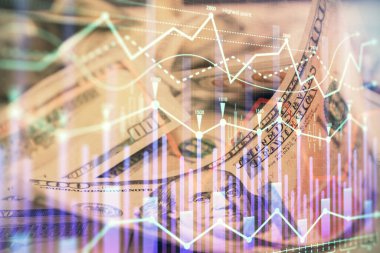 Önx grafiğinin arka plandaki dolarları iki katına çıkarması. Finans piyasası kavramı.