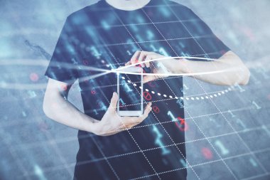 Erkeklerin el ele tutuşup dijital bir cihaz ve ön grafik çizimi kullanırken çift pozlama. Finansal piyasa kavramı.