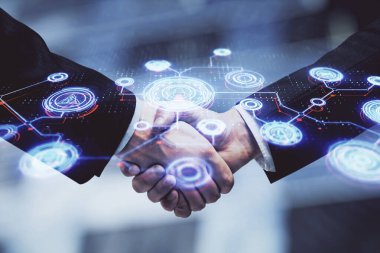 İki kişinin sosyal ağ temalı hologramı ve el sıkışması.