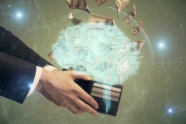 Beynin holograma maruz kalması, bize dolar banknotları ve insan eli çizmesi. Ai yatırım konsepti