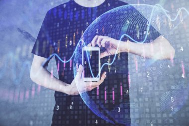 Erkeklerin el ele tutuşup dijital bir cihaz ve ön grafik çizimi kullanırken çift pozlama. Finansal piyasa kavramı.