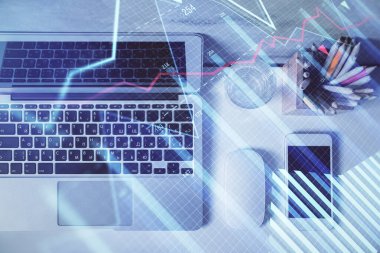 Bilgisayarla önx grafik arkaplanının çok açılımlı çizimi. Finansal analiz kavramı. Üst görünüm.