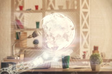 Dünya haritası çizimine ve ofis iç planına çoklu pozlama. Uluslararası ağ kavramı.