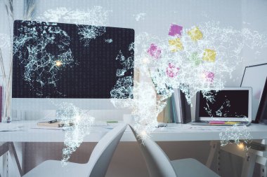 Sosyal ağ temalı çizim ve ofis içi arka planına çift pozlama. Ağ kavramı.