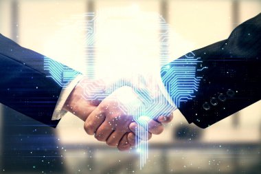 Beyin hologramının iki katına çıkması ve iki adamın el sıkışması. Bilişim endüstrisi konseptinde ortaklık.
