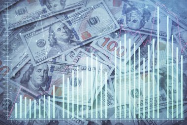 Forx grafiğinin çok sayıda görüntüsü bize dolar banknotları arka planında görünüyor. Finansal başarı piyasası kavramı.
