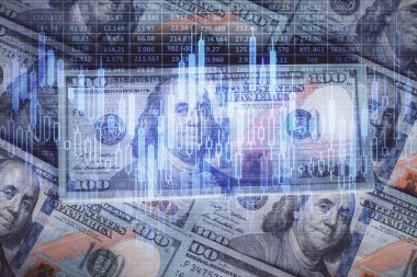 Forx grafiğinin çok sayıda görüntüsü bize dolar banknotları arka planında görünüyor. Finansal başarı piyasası kavramı.