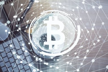 Kripto tema çiziminin çoklu pozu ve çalışma masası üst veiw. İş dünyasındaki engelleme teknolojisi kavramı.