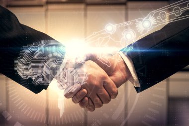 Beyin hologramının iki katına çıkması ve iki adamın el sıkışması. Bilişim endüstrisi konseptinde ortaklık.