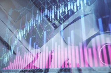 Bilgisayarla arka plan üzerine iki kat mali şema çizimi. Araştırma ve analiz kavramı. Üst görünüm.