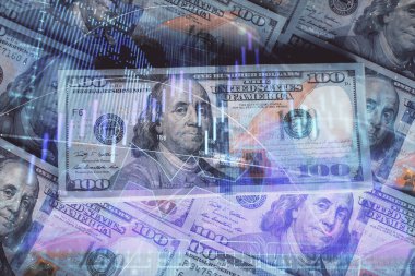 Forx grafiğinin çok sayıda görüntüsü bize dolar banknotları arka planında görünüyor. Finansal başarı piyasası kavramı.