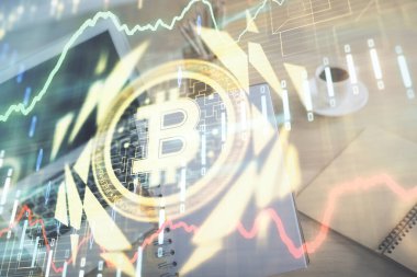 Bilgisayarda ve kripto piyasa temalı hologram çizimlerinde kadın elinin çifte pozu. Engelleme zinciri kavramı.