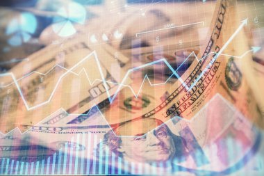 Önx grafiğinin arka plandaki dolarları iki katına çıkarması. Finans piyasası kavramı.