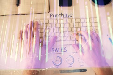 Dizüstü bilgisayar klavyesini ve ön x çizim hologramını yazarken çift pozlama. Üst Manzara. Finans piyasası kavramı.