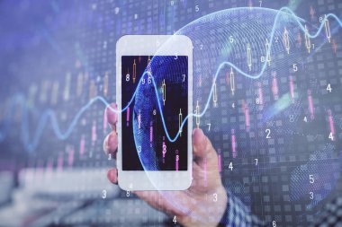 Erkeklerin el ele tutuşup dijital bir cihaz ve ön grafik çizimi kullanırken çift pozlama. Finansal piyasa kavramı.