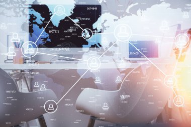 Sosyal ağ temalı çizim ve ofis içi arka planına çift pozlama. Ağ kavramı.