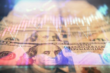 Önx grafiğinin arka plandaki dolarları iki katına çıkarması. Finans piyasası kavramı.