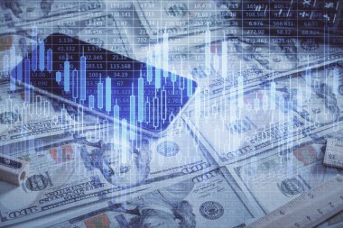 Önx grafiğinin arka plandaki dolarları iki katına çıkarması. Finans piyasası kavramı.