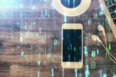 Çalışma masasının üzerine teknoloji teması çizimi çifte pozlama. Üst Manzara. Küresel veri analiz kavramı.