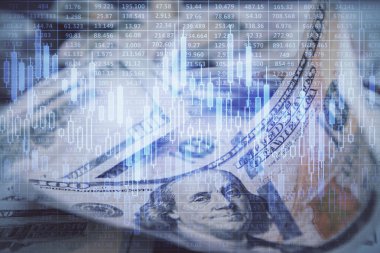 Önx grafiğinin arka plandaki dolarları iki katına çıkarması. Finans piyasası kavramı.