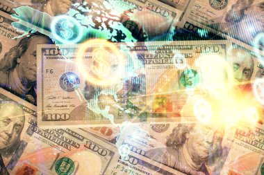 Forx grafiğinin çok sayıda görüntüsü bize dolar banknotları arka planında görünüyor. Finansal başarı piyasası kavramı.