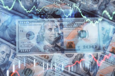 Forx grafiğinin çok sayıda görüntüsü bize dolar banknotları arka planında görünüyor. Finansal başarı piyasası kavramı.