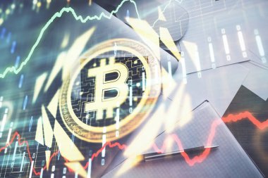 Telefonlu masanın üzerinde iki kat daha fazla engelleme temalı hologram görüntüsü var. Üst Manzara. Kripto teknolojisi kavramı.