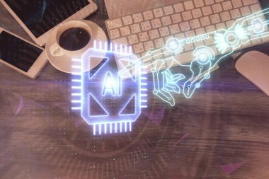 Çalışma masasının üzerine teknoloji teması çizimi çifte pozlama. Üst Manzara. Küresel veri analiz kavramı.