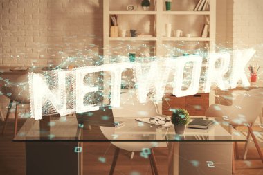 Veri teması çizimi ve ofis içi arka planına çoklu maruz kalma. Teknoloji kavramı.