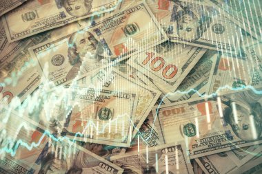 Forx grafiğinin çok sayıda görüntüsü bize dolar banknotları arka planında görünüyor. Finansal başarı piyasası kavramı.