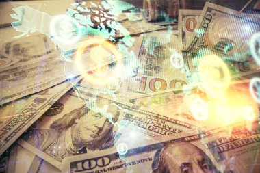 Forx grafiğinin çok sayıda görüntüsü bize dolar banknotları arka planında görünüyor. Finansal başarı piyasası kavramı.