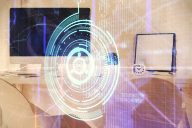 Veri teması çizimi ve ofis içi arka planına çoklu maruz kalma. Teknoloji kavramı.