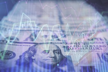 Önx grafiğinin arka plandaki dolarları iki katına çıkarması. Finans piyasası kavramı.