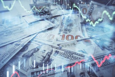 Forx grafiğinin çok sayıda görüntüsü bize dolar banknotları arka planında görünüyor. Finansal başarı piyasası kavramı.