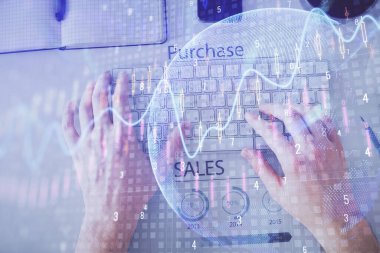 Dizüstü bilgisayar klavyesini ve ön x çizim hologramını yazarken çift pozlama. Üst Manzara. Finans piyasası kavramı.