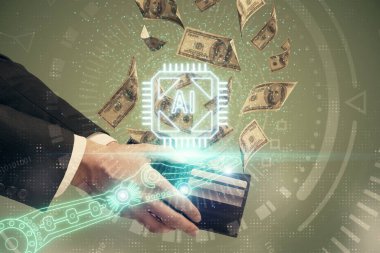 Teknolojiye çoklu maruz kalma hologram, dolar banknotları ve insan eli. Veri kavramı