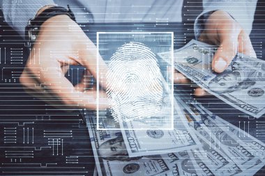 Parmak izi, hologram, Amerikan dolarları ve insan eli. güvenlik kavramı.