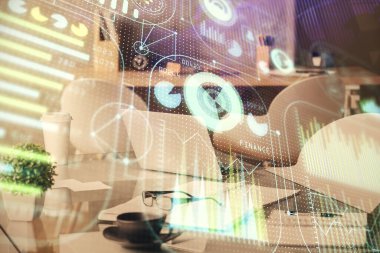 Veri teması çizimi ve ofis içi arka planına çifte maruz kalma. Teknoloji kavramı.