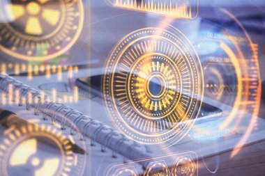 Cep telefonunun arka planında iki kat teknik temalı skeç var. Teknoloji kavramı