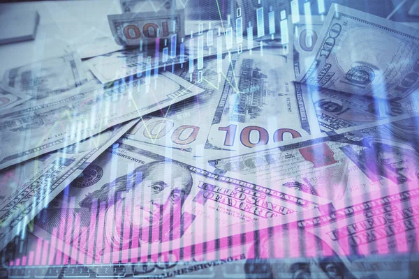 Multi blootstelling van forex grafiek tekenen over ons dollar biljet achtergrond. Begrip financiële succesmarkten. — Stockfoto