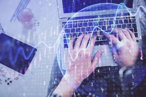 Double exposure of mans hands typing over laptop keyboard and forex chart hologram drawing. Top view. Financial markets concept. — Stock Photo, Image