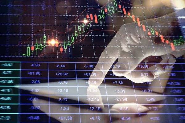 Double exposure of mans hands holding and using a digital device and forex graph drawing. Financial market concept. — Stock Photo, Image