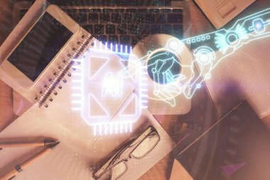 Çalışma masasının üzerine teknoloji teması çizimi çifte pozlama. Üst Manzara. Küresel veri analiz kavramı.