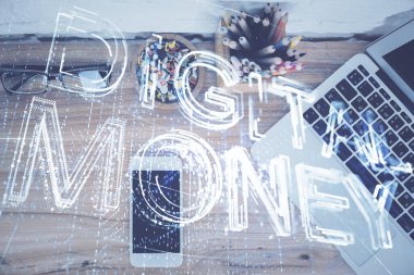 Telefonlu masanın üzerinde iki kat daha fazla engelleme temalı hologram görüntüsü var. Üst Manzara. Kripto teknolojisi kavramı.