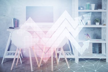 Büyüyen oklar ve ofisin arka planında çift pozlama. Büyüme Konsepti.