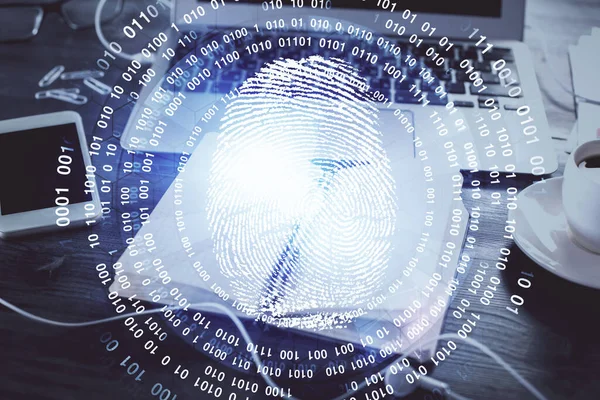 Double exposure of finger print drawing and desk with open notebook background. Concept of security