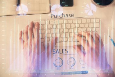 Dizüstü bilgisayar klavyesini ve ön x çizim hologramını yazarken çift pozlama. Üst Manzara. Finans piyasası kavramı.