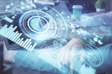 Kadın ve erkeğin birlikte çalışması ve finansal temalı hologram. Uluslararası iş kavramı. Bilgisayar arkaplanı.